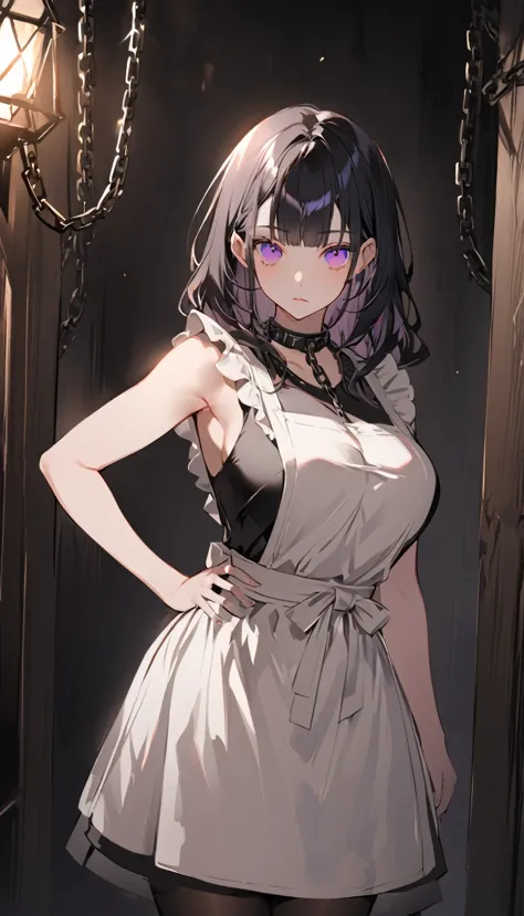 this is an animated woman in an apron stands in a dark room, 1girl, purple eyes, chain, breasts, solo, apron, dress, pantyhose, ...