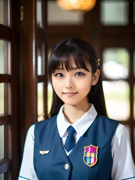 indoor, A young Asian woman wearing the uniform of Freiren&#39;s Magic School turns around and poses, Wearing a magic , wearing ...