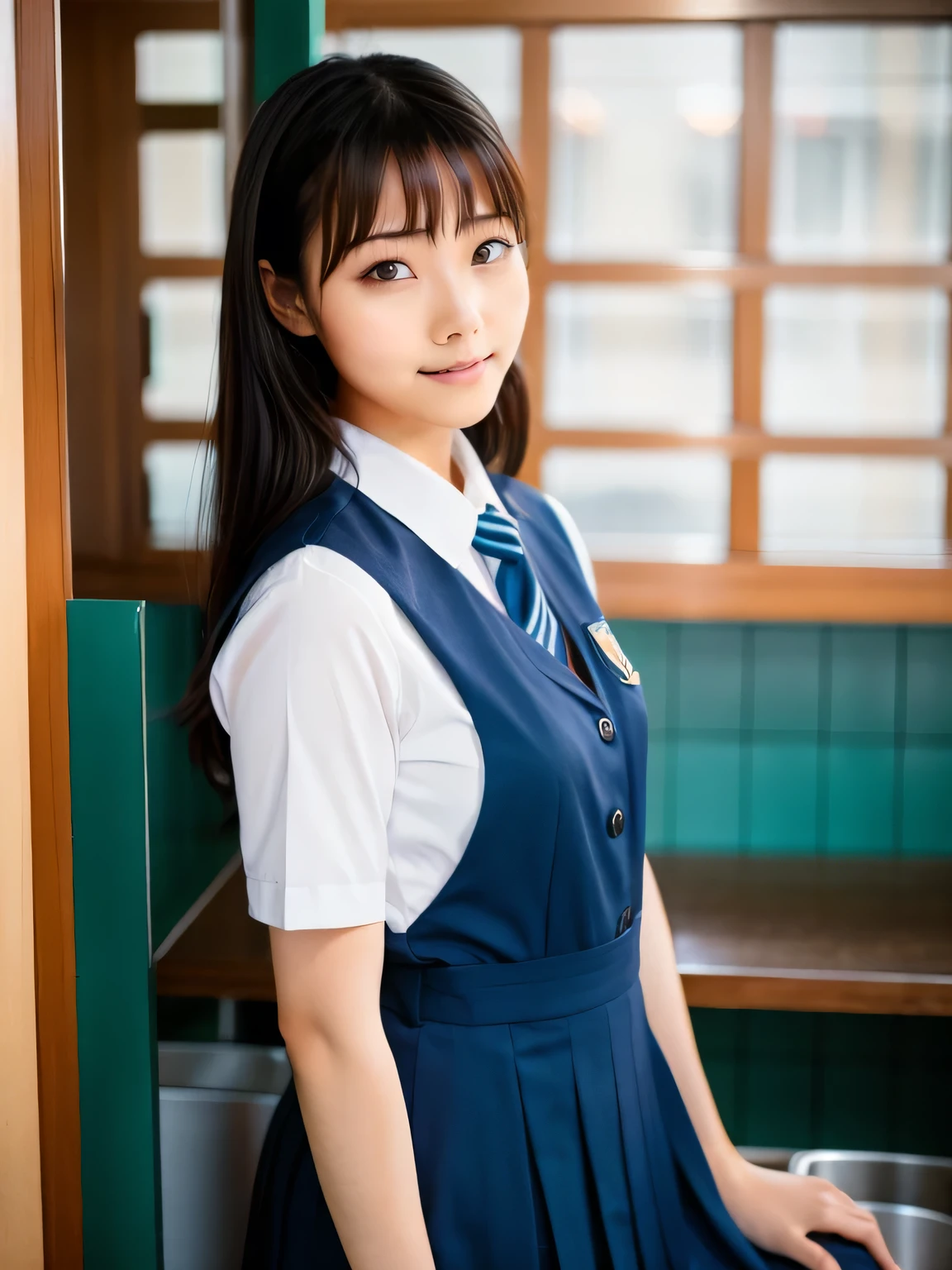 indoor, A young Asian woman wearing the uniform of Freiren&#39;s Magic School turns around and poses, Wearing a magic , wearing Japanese , Japanese girl , Japanese , A young and cute gravure idol, Looking back, Young Gravure Idol, Japanese model, cute ,Wearing a magic , Young and thin gravure idol, portrait of a Japanese teen, Long Straight Hair, Girl with straight black hair, dancing, Posing, Jumping, Face that faithfully reproduces the face of LoRA, High resolution, Very detailed, Natural Bangs, highest quality