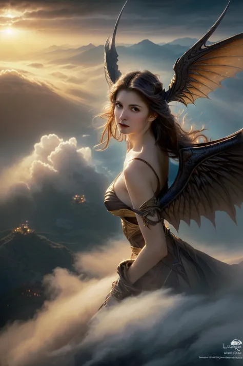 ((best quality)), ((masterpiece)), (detailed), alluring succubus, ethereal beauty, perched on a cloud, (fantasy illustration:1.3...