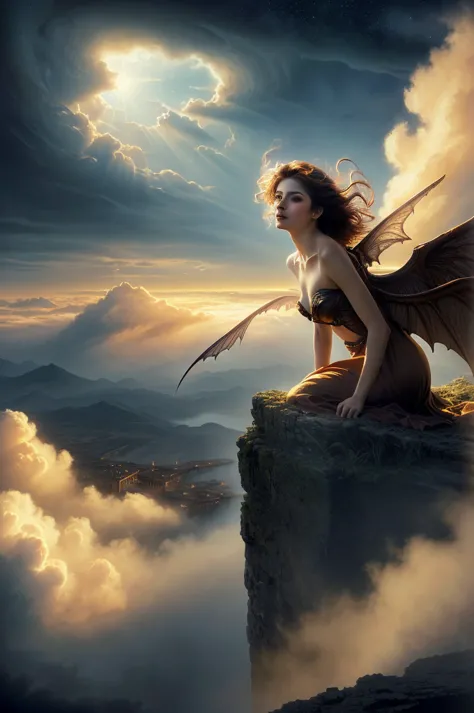 ((best quality)), ((masterpiece)), (detailed), alluring succubus, ethereal beauty, perched on a cloud, (fantasy illustration:1.3...