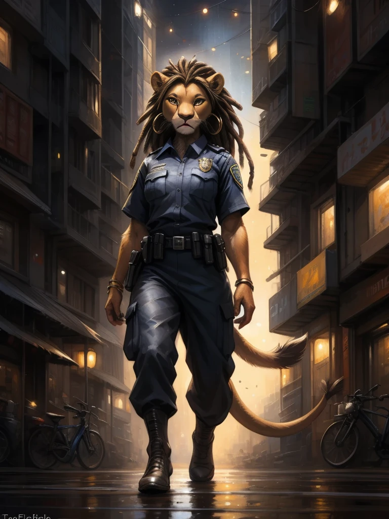 by kenket, by totesfleisch8, (by thebigslick, by silverfox5213:0.8), (by syuro:0.2), а lion, female, in full growth, brown fur, light brown eyes, medium length black dreadlock hair, metal ring on tail, metallic beads and hoop earrings in the ears, going through night city, wearing police uniform without footwear 