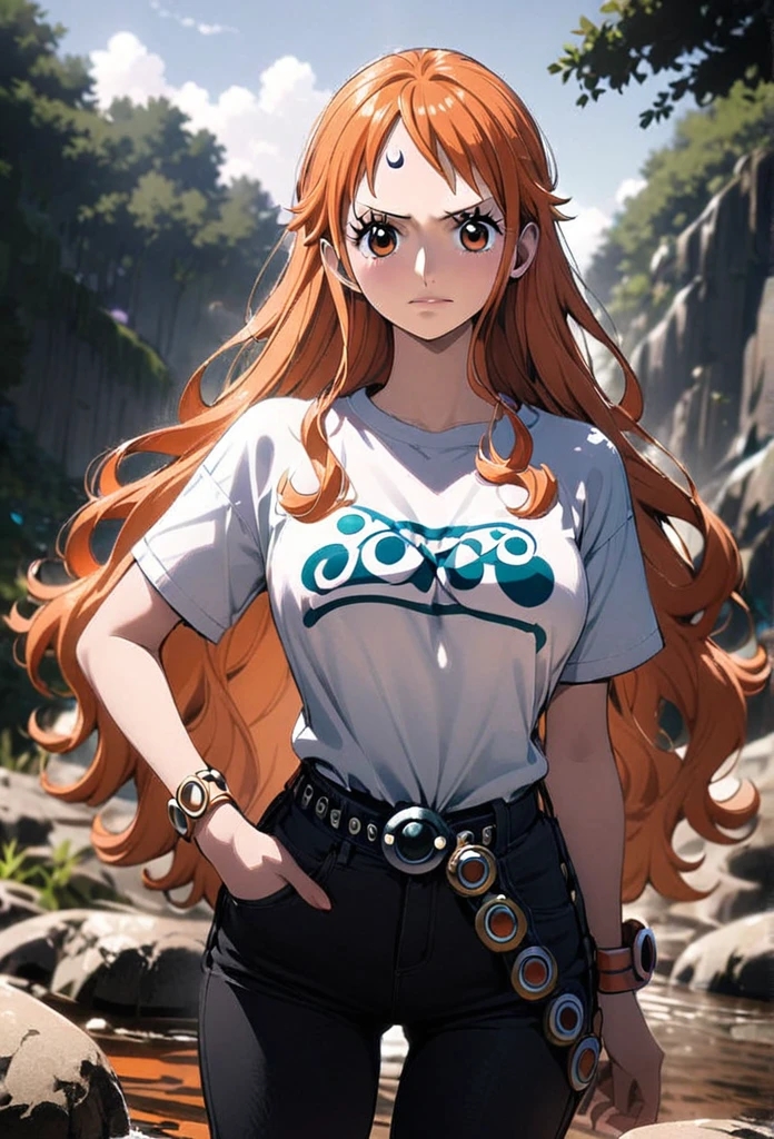 masterpiece, best quality), intricate details, 1 girl, woman, orange hair, nami \ (one piece\), (long hair) ((side bangs)) shirt, ((white shirt, black pant, black court)) female focus, nature, scenery, upper body, ((front view)) ((close up shot)) ((solo)) ((hair on forehead)) detailed, very high resolution, no blurry image, full body, orange eyes, sligh wavy hair, ((nami from one piece)) ((female nami from one piece)) ((front view))