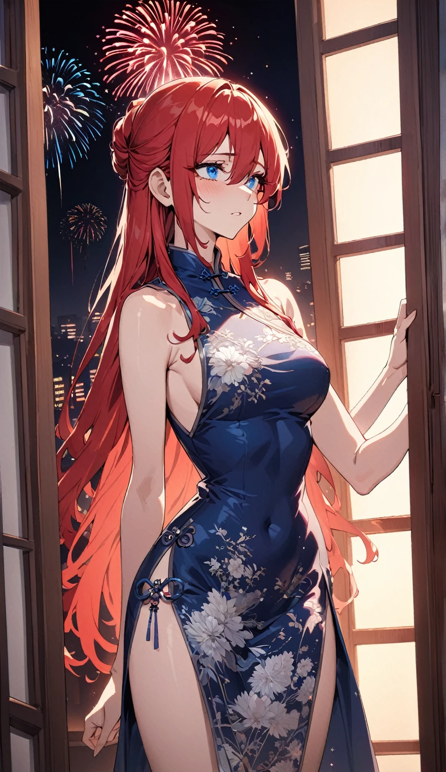 shikimorisan, red hair, long hair, blue eyes, hair between eyes, bangs standing with her front to the camera:wearing an upscale Chinese dress, 
Smooth, moisturized and firm skin texture, Tight and seductive outfit, 
A corner of the red light district, A dark background that makes the subject stand out, Large windows, The soft light of the lantern, 
BREAK (Detailed silk texture:upscale:Gloss:Smoothness:Suppiness),  
BREAK Highest Quality, Highest Resolution, Detailed and crisp image quality, 16K, Super Retina, 
A gorgeous Chinese dress with a delicate pattern, Adult sex appeal, melancholy, Feeling of weakness, Tie back long hair, Colorful fireworks seen from the window, 
Detailed and complex, Colorful, Transparent full color coating, Light and Dark, High Contrast, 
BREAK Spectacular fireworks seen from the window, aesthetic,standing straight,full body, body facing front 