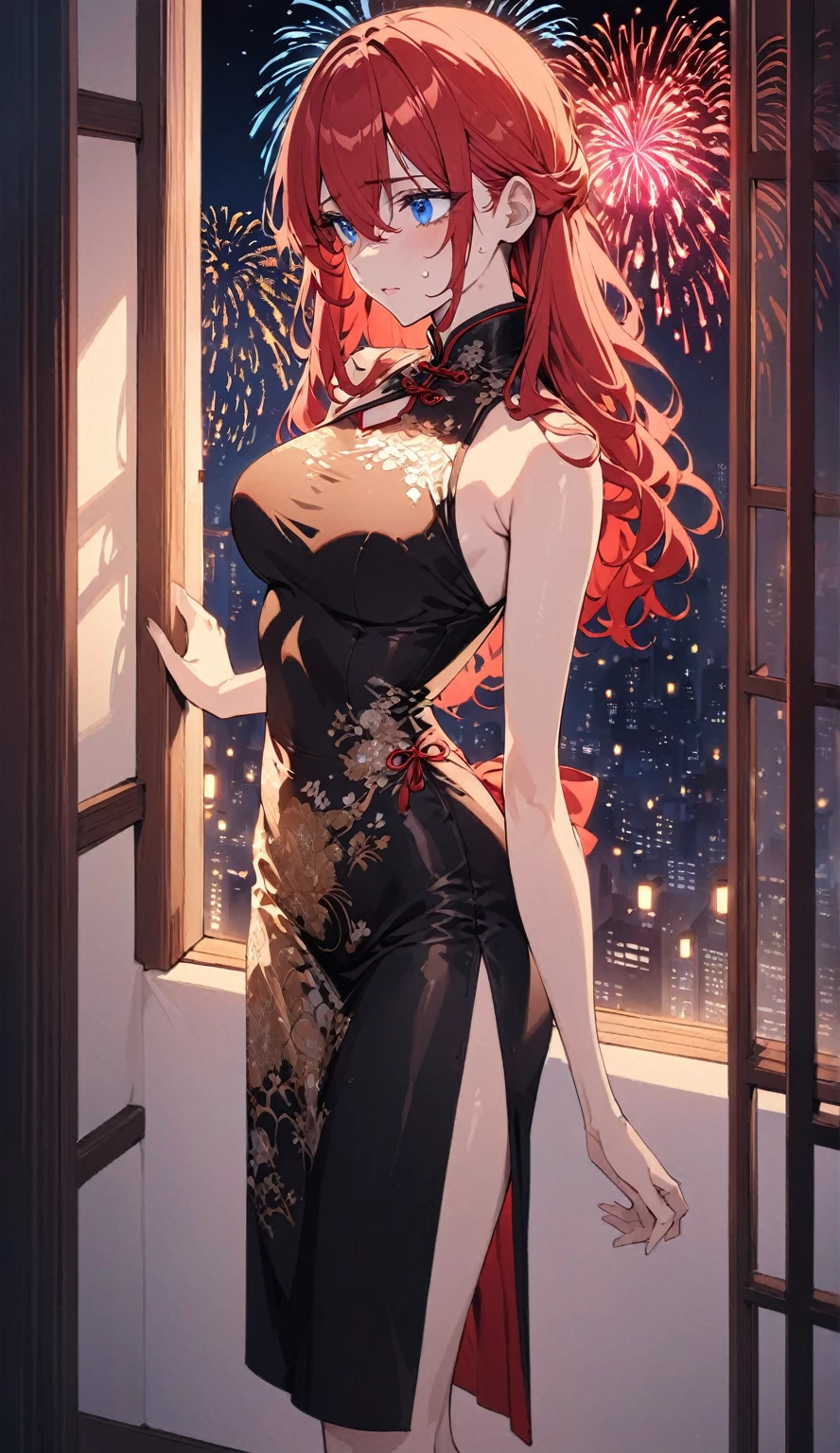 shikimorisan, red hair, long hair, blue eyes, hair between eyes, bangs standing with her front to the camera:wearing an upscale Chinese dress, 
Smooth, moisturized and firm skin texture, Tight and seductive outfit, 
A corner of the red light district, A dark background that makes the subject stand out, Large windows, The soft light of the lantern, 
BREAK (Detailed silk texture:upscale:Gloss:Smoothness:Suppiness),  
BREAK Highest Quality, Highest Resolution, Detailed and crisp image quality, 16K, Super Retina, 
A gorgeous Chinese dress with a delicate pattern, Adult sex appeal, melancholy, Feeling of weakness, Tie back long hair, Colorful fireworks seen from the window, 
Detailed and complex, Colorful, Transparent full color coating, Light and Dark, High Contrast, 
BREAK Spectacular fireworks seen from the window, aesthetic,standing straight,full body, body facing front 