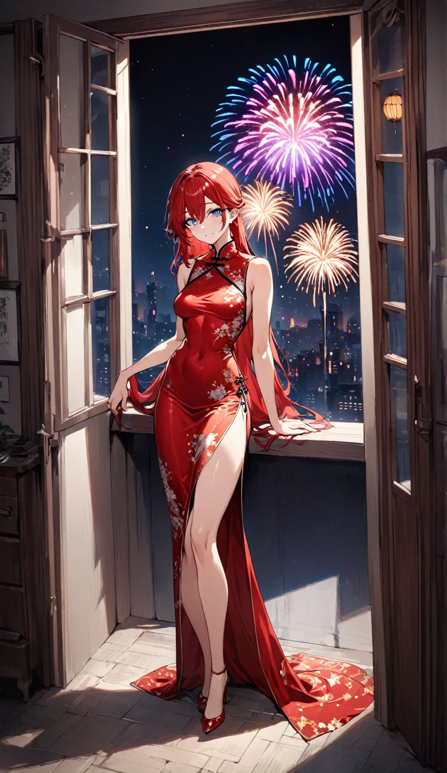 shikimorisan, red hair, long hair, blue eyes, hair between eyes, bangs standing with her front to the camera:wearing an upscale Chinese dress, 
Smooth, moisturized and firm skin texture, Tight and seductive outfit, 
A corner of the red light district, A dark background that makes the subject stand out, Large windows, The soft light of the lantern, 
BREAK (Detailed silk texture:upscale:Gloss:Smoothness:Suppiness),  
BREAK Highest Quality, Highest Resolution, Detailed and crisp image quality, 16K, Super Retina, 
A gorgeous Chinese dress with a delicate pattern, Adult sex appeal, melancholy, Feeling of weakness, Tie back long hair, Colorful fireworks seen from the window, 
Detailed and complex, Colorful, Transparent full color coating, Light and Dark, High Contrast, 
BREAK Spectacular fireworks seen from the window, aesthetic,standing straight,full body, body facing front 