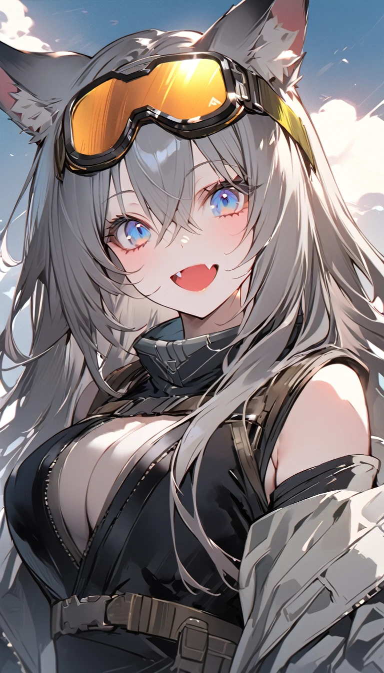 a picture on an art work or a animation that looks like an video game character, 1girl, breasts, solo, blue eyes, animal ears, goggles, large breasts, fang, open mouth, grey hair, long hair