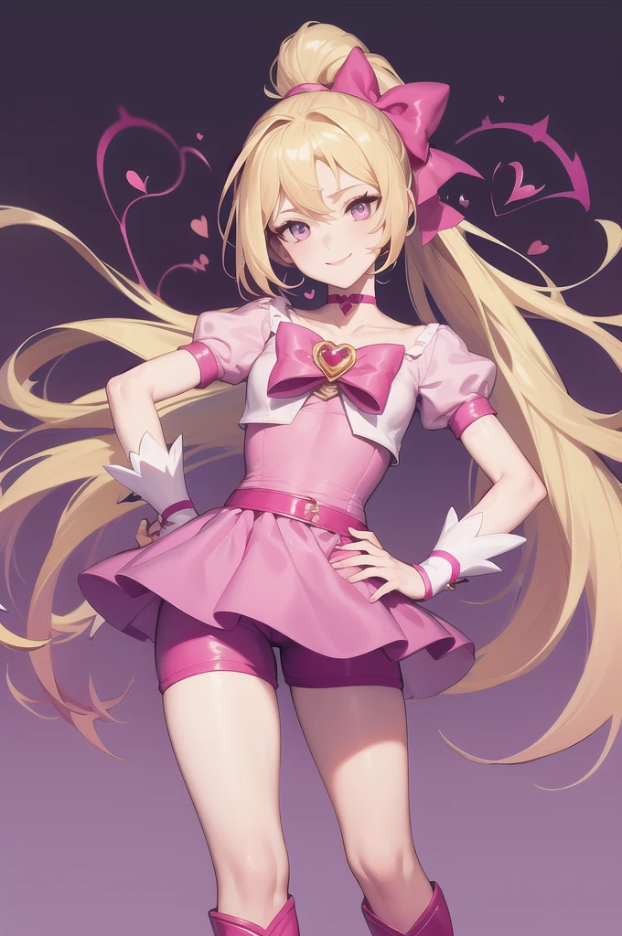 masterpiece, best quality, absurdres, 1girl, solo, CureHeart, blonde hair, long hair, ponytail, magical girl, choker, jewelry, pink dress, pink sleeves, heart brooch, pink bow, purple shorts, knee boots, smile, hands on hips, 