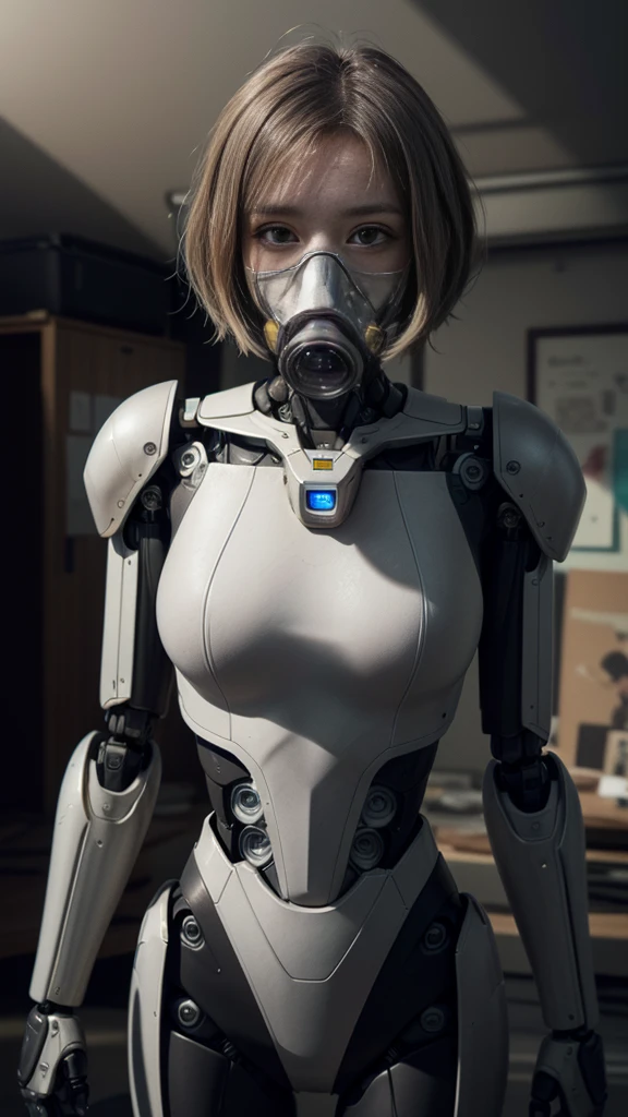 (masterpiece:1.2,high quality), One girl, ((Ultra-Realistic Details)), Global Illumination, Shadow, Unreal Engine, Octane Rendering, 8K, Ultra Sharp, Metal, Complex, Decorations detailed, highly Complex details, Yellow Eyes, (Mechanical body:1.2), Gray Hair, (Black gas mask), Equipment, Bobcut, Hundreds of wires, Terran, (robot, Android:1.15), Apocalypse, Broken Building、Perfect Style、Perfect balance、Fine skin、A gentle gaze、((Delicate painting))，(Detailed RAW photos of girls), (Masterpiece:1.25), (最high quality:1.6), (Ultra-high resolution:1.5), (It&#39;s realistic.:1.75), 8K resolution, Canon EOS R5, 50mm, Absurd, Very detailed,Cinema Lighting、