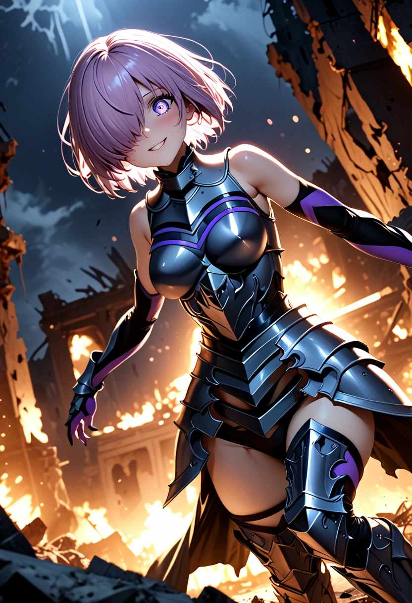 (masterpiece, top quality, best quality, beautiful and aesthetic:1.2), full body, SFW, extremely detailed, detailed face and eyes, detailed hands, cinematic light, depth of field, 1girl, seducing smile, solo, official, (full armored knight:1.4), dark armor, mash kyrielight, light purple hair, short hair, hair over one eye, slim body, cinematic lighting, dramatic lighting, dramatic atmosphere, hyper-realistic, high resolution, stunning contrast, high quality, best quality, 8k, 4k, intricately detailed, (amazing details:1.2), highly detailed skin, powerful presence, vibrant colors, (detailed eyes:1.2), striking eyes, (detailed background), (warzone on background, night, ruins), (dynamic angle:1.2), (dynamic pose:1.2)