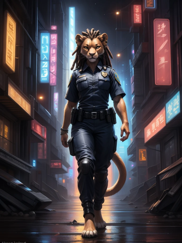 a female lion in full growth, brown fur, light brown eyes, medium length black dreadlock hair with decoration of animal teeth, metal ring on tail, metallic beads and hoop earrings in the ears, going through night city, wearing police uniform without footwear, highly detailed police uniform, detailed cyberpunk city, neon lights, dark moody lighting, cinematic, dramatic, best quality, 4k, 8k, highres, masterpiece, ultra-detailed, realistic, photorealistic, photo-realistic, by kenket, by totesfleisch8, by thebigslick, by silverfox5213, by syuro, police officer