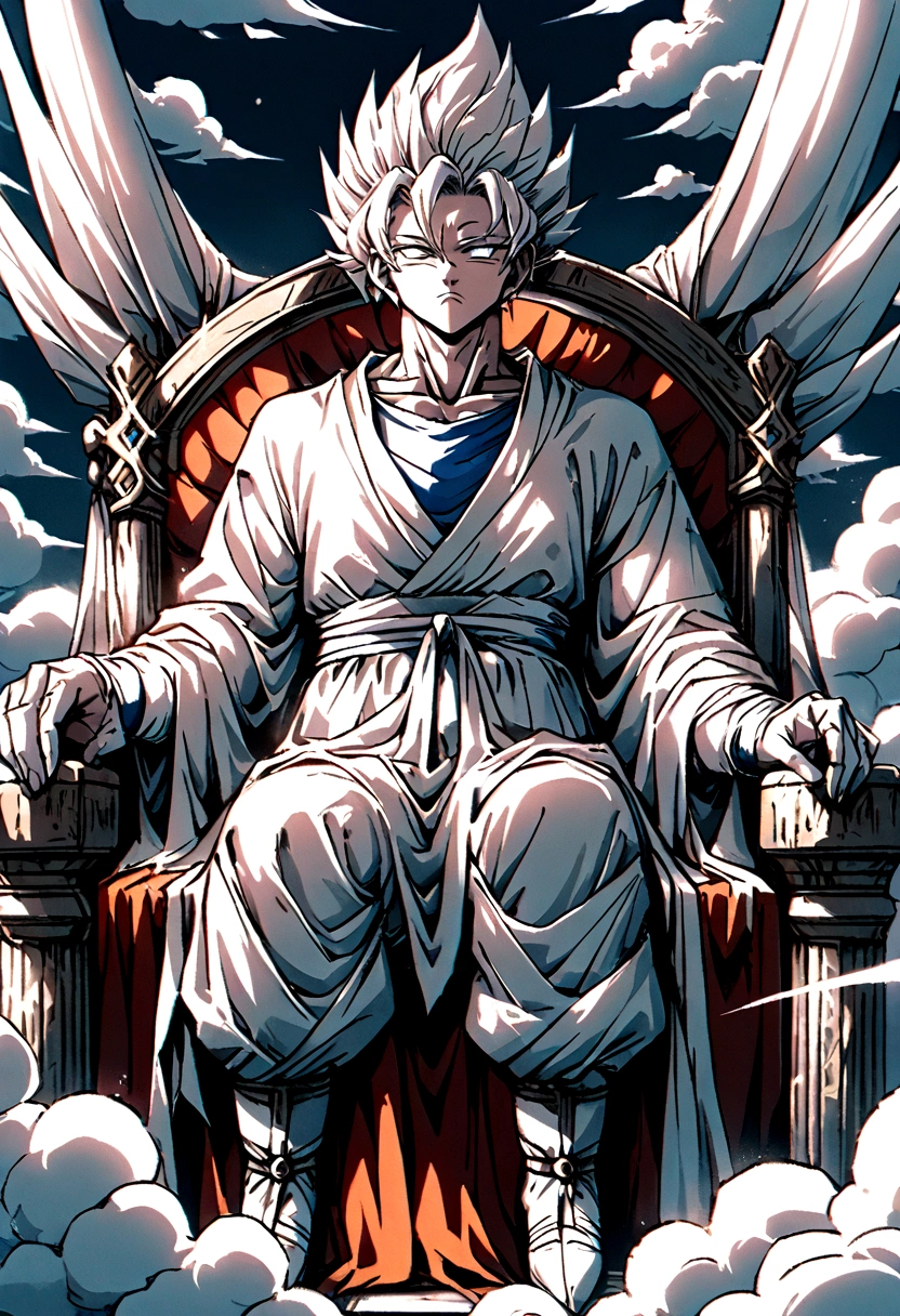 A god sat upon a throne of clouds , viewed from the front 