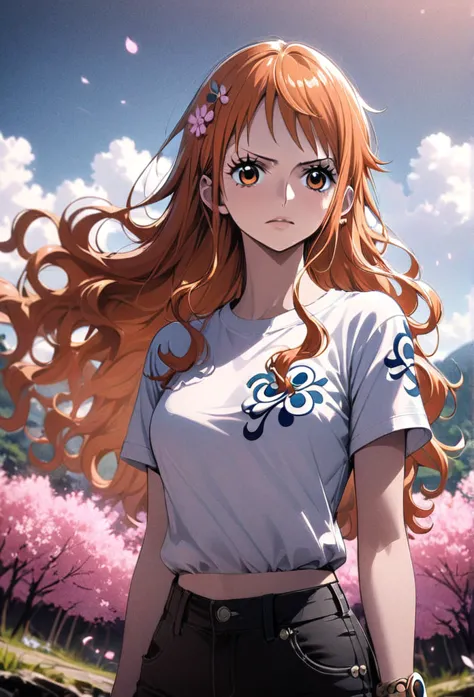 masterpiece, best quality), intricate details, 1 girl, woman, orange hair, nami \ (one piece\), (long hair) ((side bangs)) shirt...