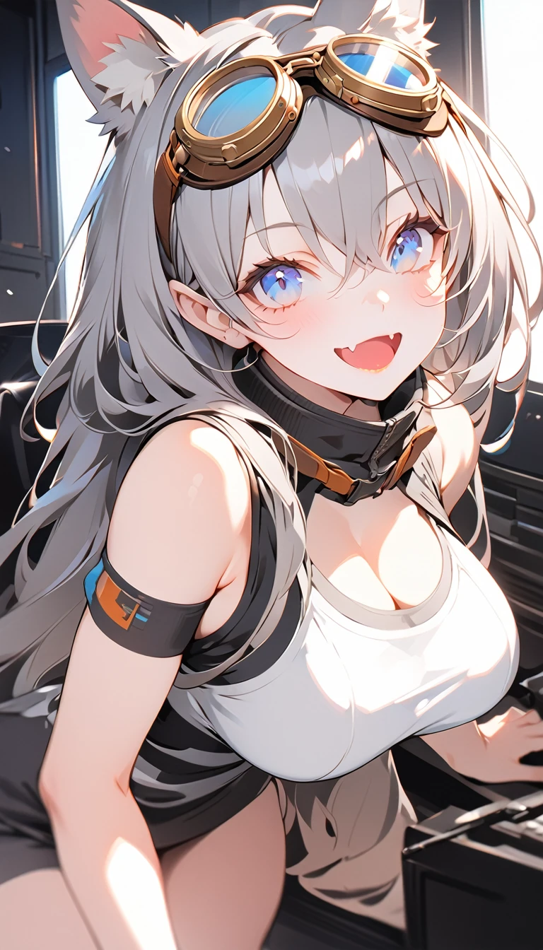 an image of a computer generated image that is posed to look like a cartoon, 1girl, breasts, solo, blue eyes, animal ears, goggles, large breasts, fang, open mouth, grey hair, long hair