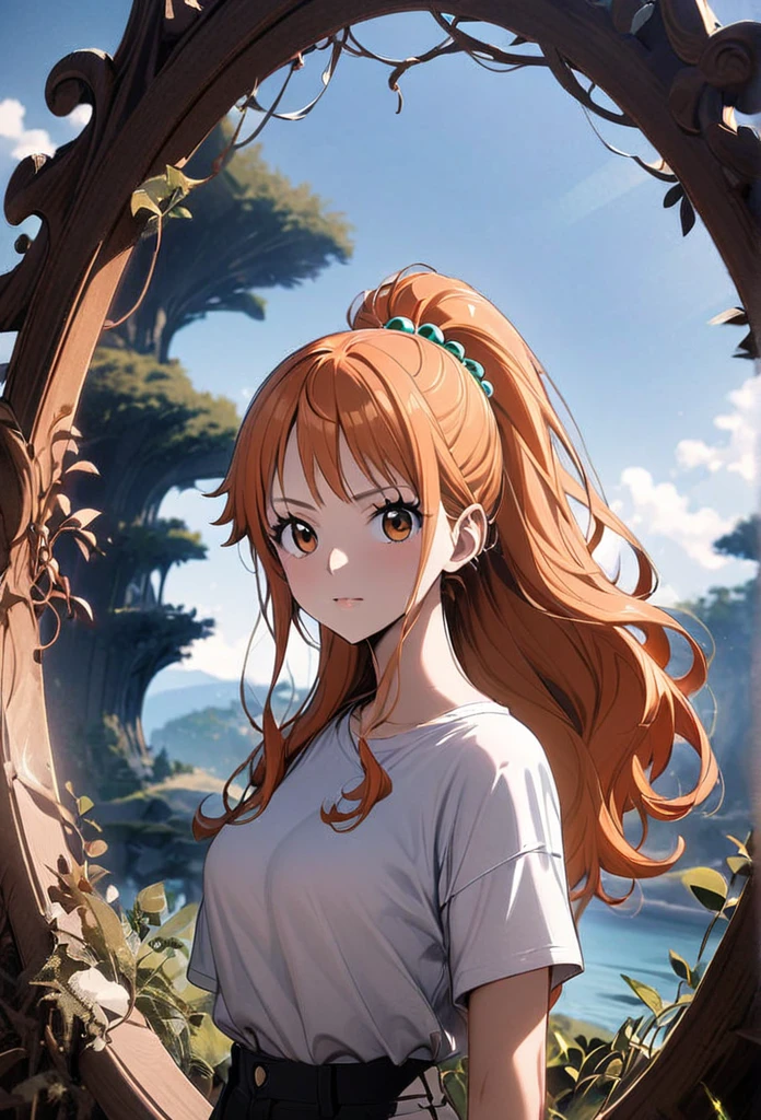 masterpiece, best quality), intricate details, 1 girl, woman, orange hair, nami \ (one piece\), (long hair) ((side bangs)) shirt, ((white shirt, black pant, black court)) female focus, nature, scenery, upper body, ((front view)) ((close up shot)) ((solo)) ((Thick, voluminous hair tied back in a high ponytail with loose strands framing the face, decorated with feathers and beads, colored in a natural blend of chestnut brown and copper)) detailed, very high resolution, no blurry image, full body, orange eyes, sligh wavy hair, ((nami from one piece)) ((female nami from one piece)) ((front view))