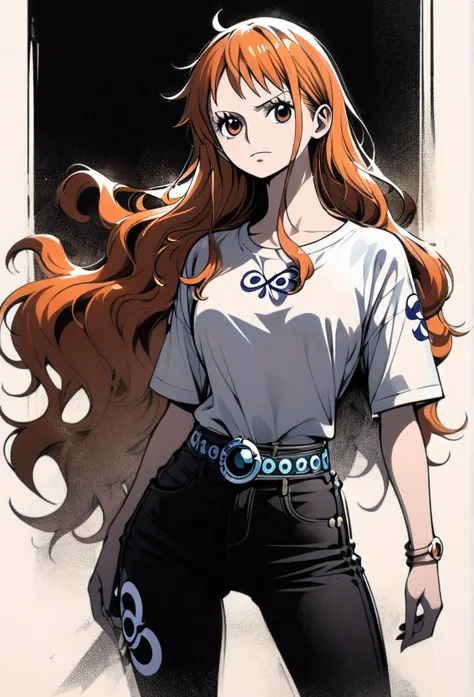 masterpiece, best quality), intricate details, 1 girl, woman, orange hair, nami \ (one piece\), (long hair) ((side bangs)) shirt...