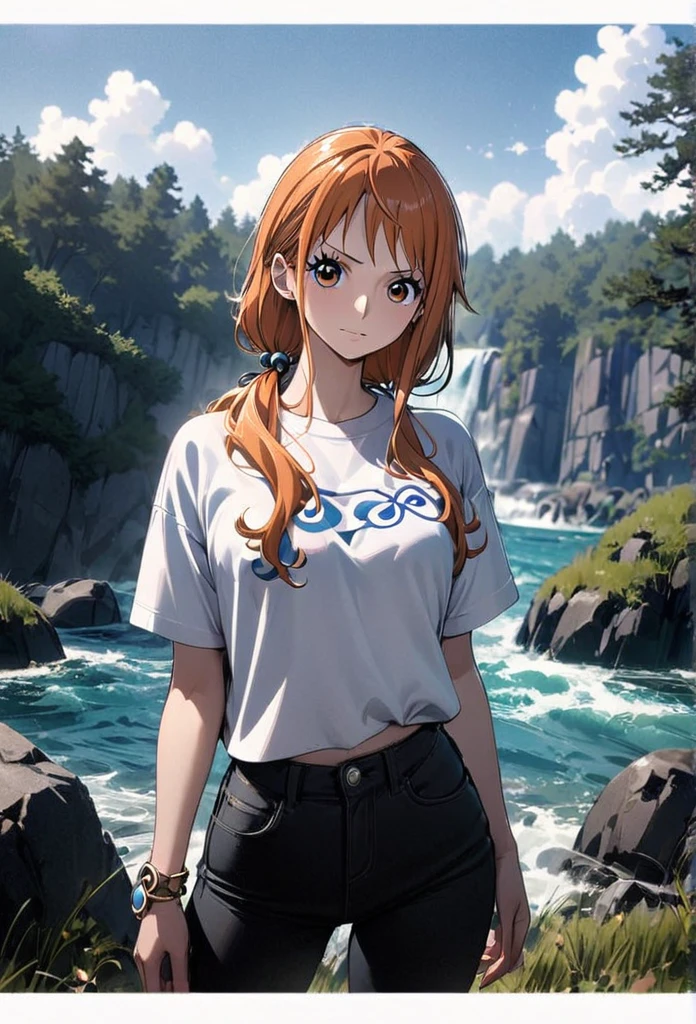 masterpiece, best quality), intricate details, 1 girl, woman, orange hair, nami \ (one piece\), (long hair) ((side bangs)) shirt, ((white shirt, black pant, black court)) female focus, nature, scenery, upper body, ((front view)) ((close up shot)) ((solo)) (Straight hair with a dramatic side part)) ((styled into a low ponytail))  detailed, very high resolution, no blurry image, full body, orange eyes, ((nami from one piece)) ((female nami from one piece)) ((front view))