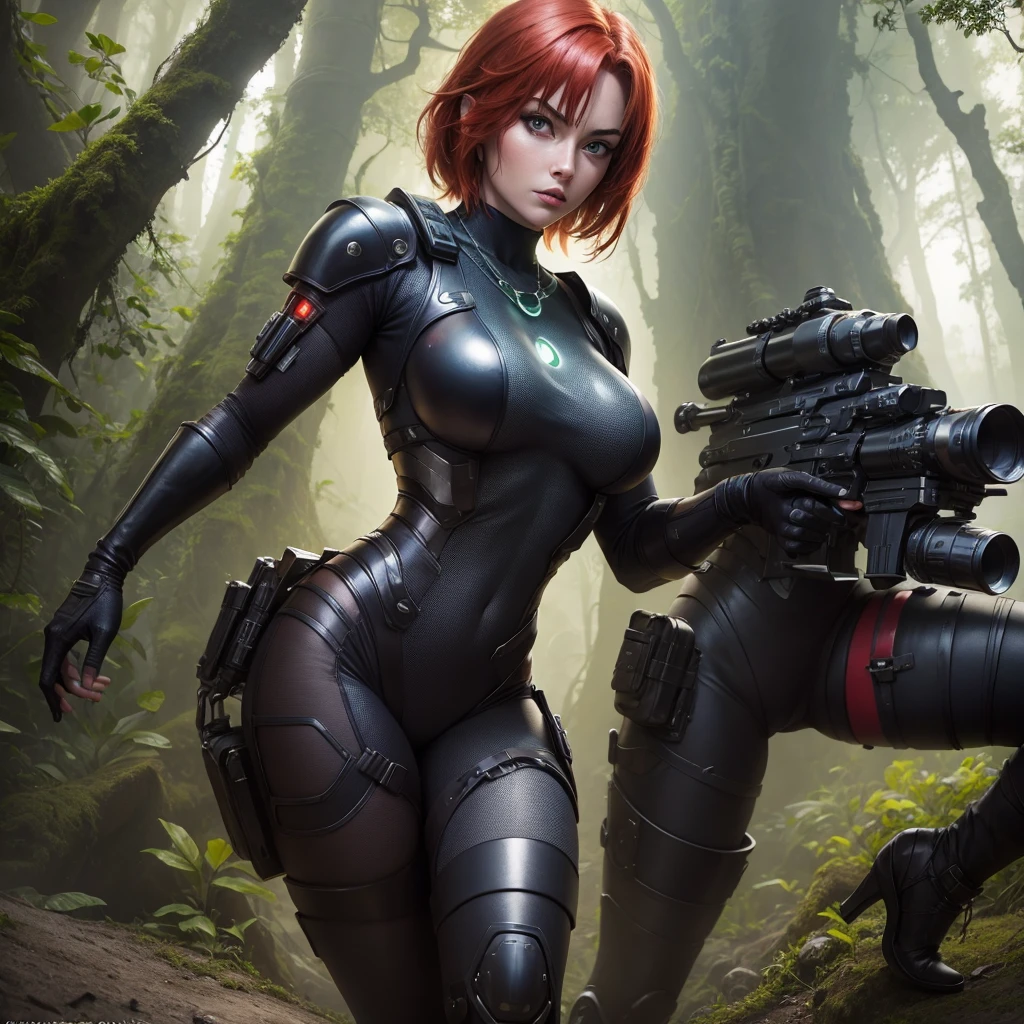 1girl, Regina from game Dino Crisis,  Beautiful big breasts, (character design sheet), (sexy : 1.4)full  bodysuit  armour (cyberpunk style), detailed jungle forest, gentle and charming beautiful goddess, smooth skin, necklace, (milf, 30 age, red hair, green eyes), oval face, double eyelids, smart, good hands, good feet, Natural,  (glossy skin:1.05), ((low angle)), Perfect figure, scene: battle against dino Tirex with rocket launcher,(64k, UHD, RAW photo, best quality, masterpiece:1.4), (realistic, photo-realistic:1.4), ultra high res, photon mapping, radiosity, physically-based rendering, professional soft lighting