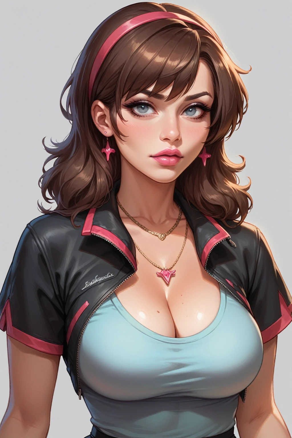 Brown Haired girl, red headphone in hair, blue-grey eyes, intense look, black eyeliner, brown necklace, cleavage, big breast, pink lips, sweet girl. Grey background. Masterpiece, detailed, UHD