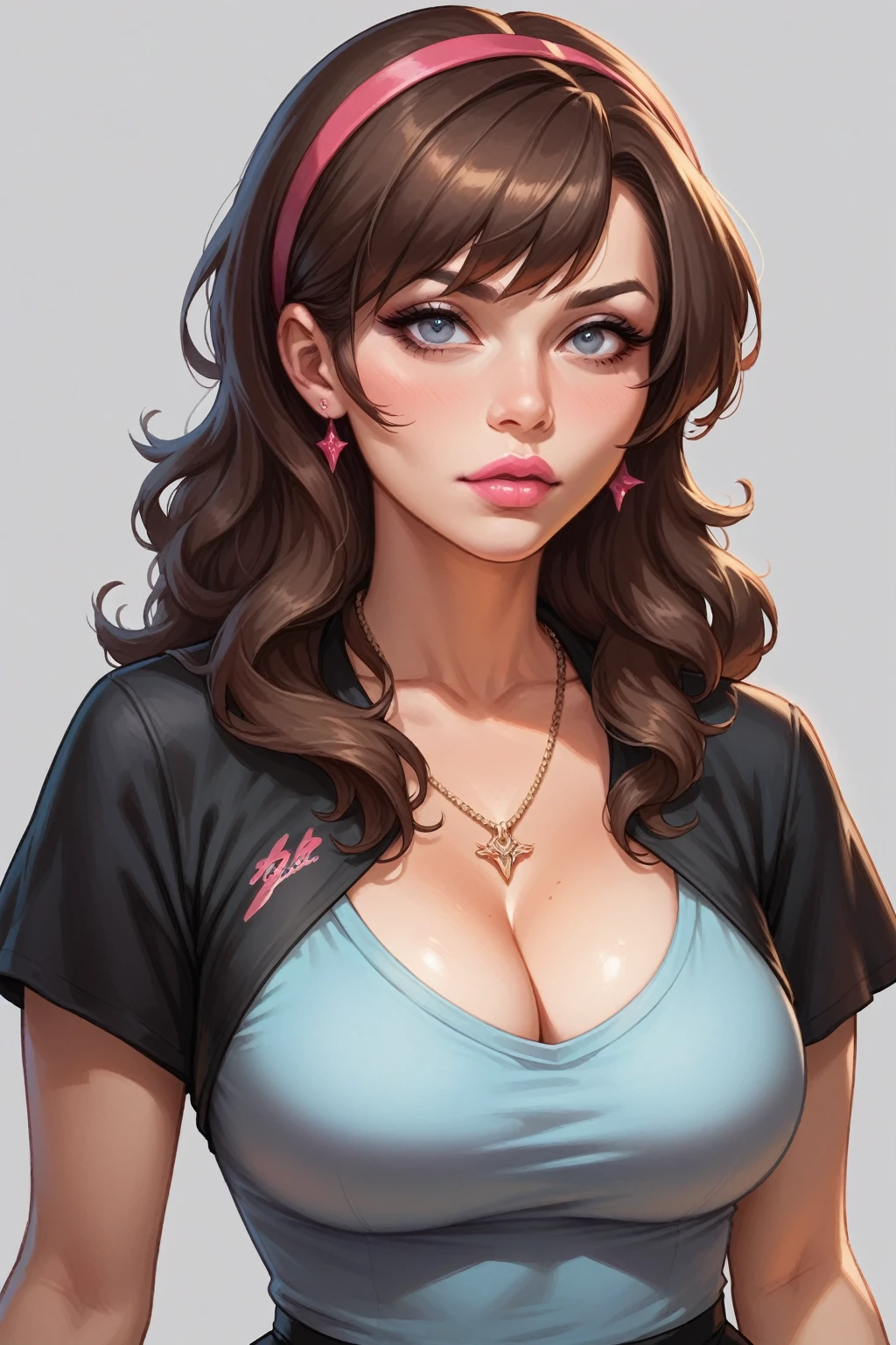 Brown Haired girl, red headphone in hair, blue-grey eyes, intense look, black eyeliner, brown necklace, cleavage, big breast, pink lips, sweet girl. Grey background. Masterpiece, detailed, UHD