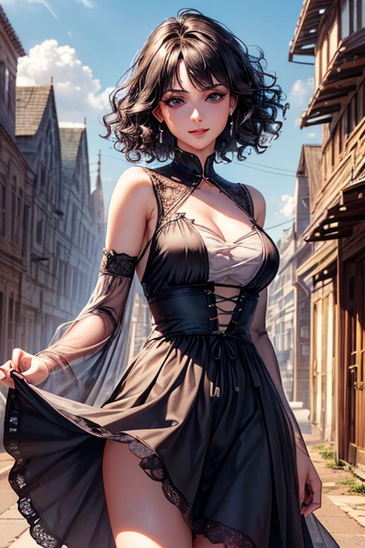 #Basics A girl is posing for a photo, animeのかわいい女の子, (((One Girl, Baby Face, Young girl, 16 years old))), 
BREAK 

#Clothing Accessories 
(black corset long dress + Covered legs + clavicle + Sheer wide sleeves + Long skirt + (A sheer black overskirt) + (A sheer black lace haori), Black High Heels), 
(Earrings, jewelry, eye shadow, lipstick), 
BREAK 

#Features 
((Red hair:1.4 Curly hair:1.4, (Short Hair : Short Hair + Wavy Hair + Hair blowing in the wind)),  
(Droopy eyes, blue eyes), (Small breasts),  
BREAK 

#background environment 
((noon, Castles in a fantasy world:1.4)), 
#Facial Expression Pose
((Wicked Smile), (Are standing)), 
#composition 
((Face the camera, Angle from the front, Cowboy Shot:1.4)), 
BREAK 

#Body parts elements 
(Detailed hair, Beautiful Hair, Shiny Hair), 
(double eyelid, Long eyelashes), 
(Expression of fine eyes, Beautiful and delicate eyes, Sparkling eyes, Eye Reflexes, Glitter Eyeliner), 
(Human Ear), 
(Beautiful Nose, Thin Nose), 
(Glossy lips, Beautiful Lips, Thick lips, Glossy Lips, Natural Cheeks), 
(Detailed face, Symmetrical facial features), 
(Detailed skin, Textured skin, Beautiful Skin, Shiny skin), 
BREAK 

#Quality 
(((Highest quality)), ((masterpiece)), ((Very detailed))), ((High resolution), (16K,1080P)), 
(Realistic), (Anatomically correct), 
((comics, anime)), (3DCG), CG illustration,
