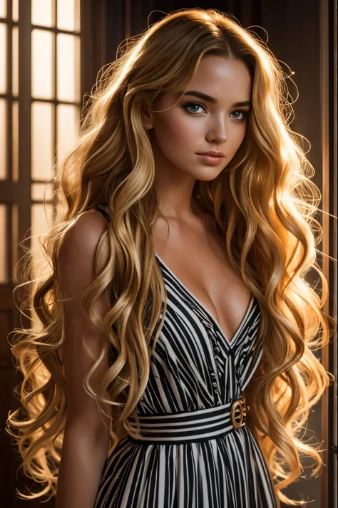 A beautiful woman wearing plunging high detail sexy striped dress, (erotic face:Florence Pugh:0.2), (skin texture:1.1), (skin po...