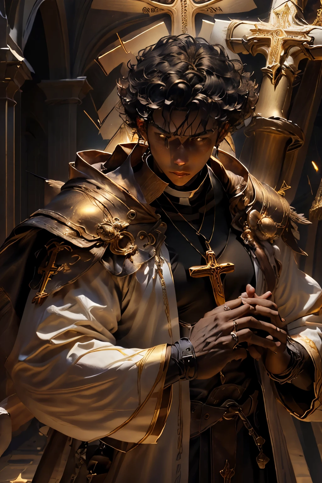 a black dark skin, male, with brown burst fade curly hair, brown big eyes, big lips, though looking, light domain cleric priest,with a golden Christian cross necklace, in a church, 