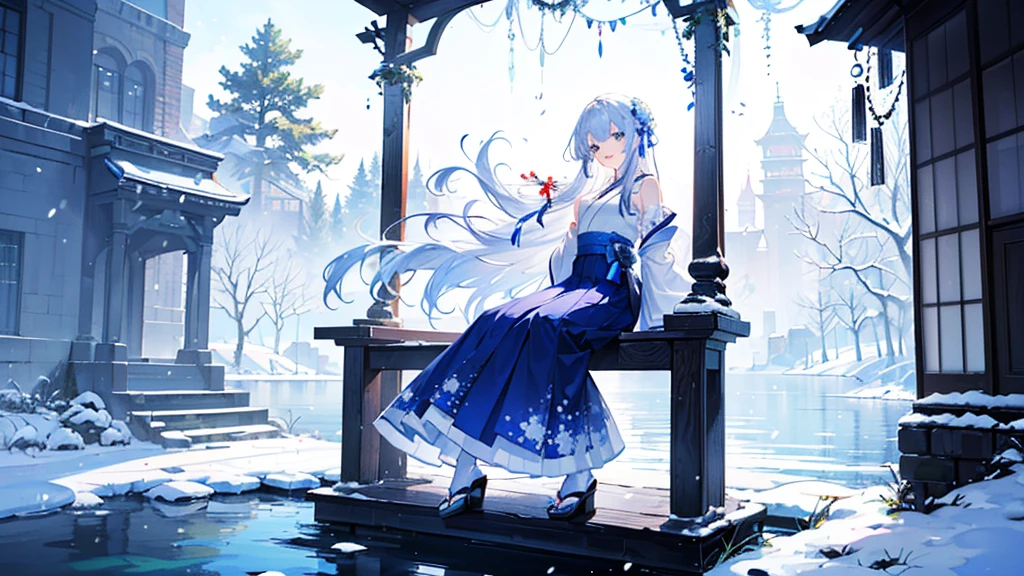 ((best quality，masterpiece，Extremely complex and exquisite details，There is only one beautiful girl with long white straight hair and blue eyes，Smile，long skirt))，(Exquisite light blue and white Japanese clothing，Beautiful bright and exquisite snow white ancient style high transparent architectural background)，(correct anatomy，exquisite face)，(touch flowers，Snow，Falling Flowerajestic and elegant outdoors)，((Long-distance full body picture of a single person，Sitting by the lake))