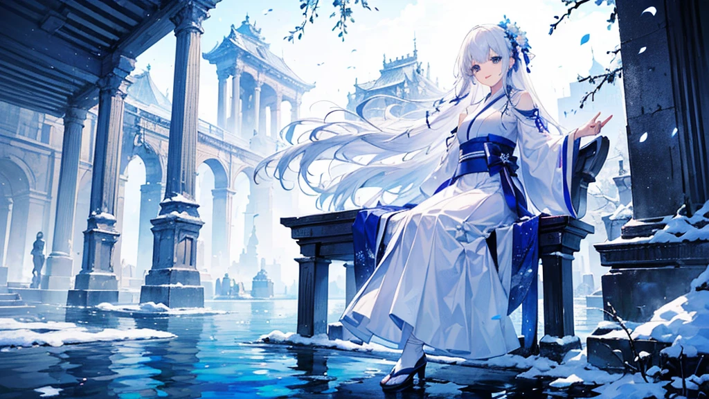 ((best quality，masterpiece，Extremely complex and exquisite details，There is only one beautiful girl with long white straight hair and blue eyes，Smile，long skirt))，(Exquisite light blue and white Japanese clothing，Beautiful bright and exquisite snow white ancient style high transparent architectural background)，(correct anatomy，exquisite face)，(touch flowers，Snow，Falling Flowers，Majestic and elegant outdoors)，((Long-distance full body picture of a single person，Sitting by the lake))