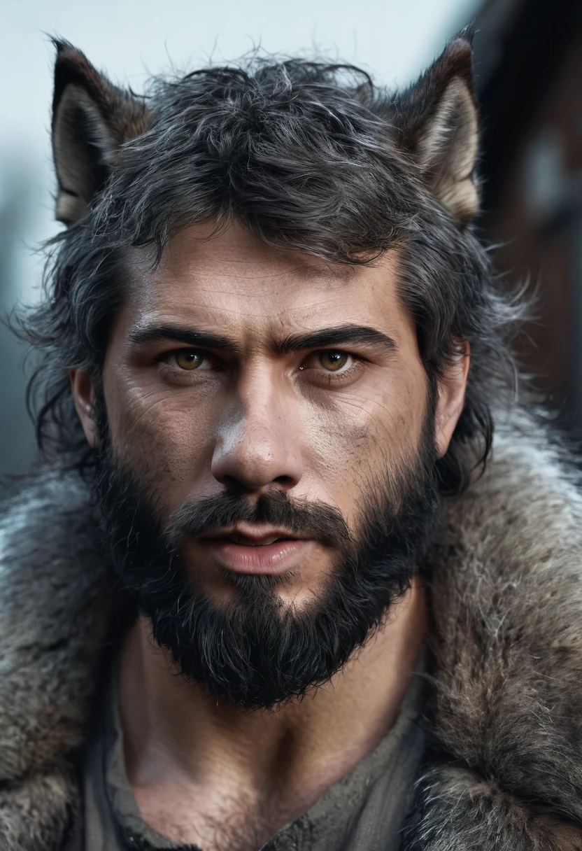 Realistic photograph of a male werewolf with alpha wolf features. Realistic fusion of faces of a bearded human being and an earless wolf.
Image with many details, realistic textures, 4k quality, high quality photography