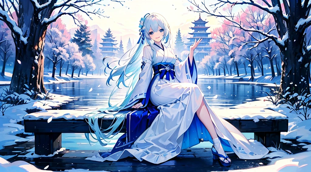 ((best quality，masterpiece，Extremely complex and exquisite details，There is only one beautiful girl with long white straight hair and blue eyes，Smile，long skirt))，(Exquisite light blue and white Japanese clothing，Beautiful bright and exquisite snow white ancient style high transparent architectural background)，(correct anatomy，exquisite face)，(touch flowers，Snow，Falling Flowers，Majestic and elegant outdoors)，((Long-distance full body picture of a single person，Sitting by the lake))