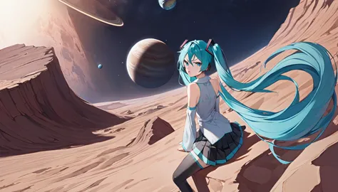 masterpiece, best quality,1girl,hatsune miku,aqua hair, aqua eyes, long hair, twintails, gradient hair, bare shoulders,black ski...