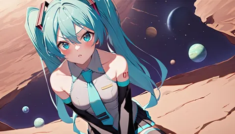 masterpiece, best quality,1girl,hatsune miku,aqua hair, aqua eyes, long hair, twintails, gradient hair, bare shoulders,black ski...