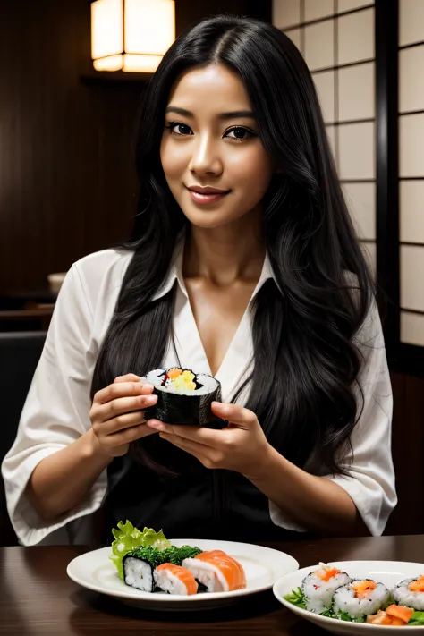 woman, long curly black hair, eating sushi, looking at the camera, in a Japanese restaurant, photorealistic