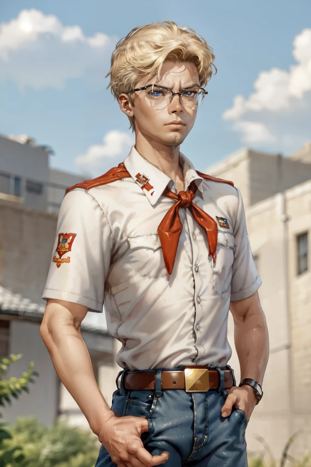 shurik, young boy, hold hands in pocket, white shirt, blue short, red neckerchief, simple background, 8k, mfbp1, glasses, thoughtful, 8k, detailed picture, high quality picture, 21thshirow, short sleeves, collared shirt, belt, breast pockets