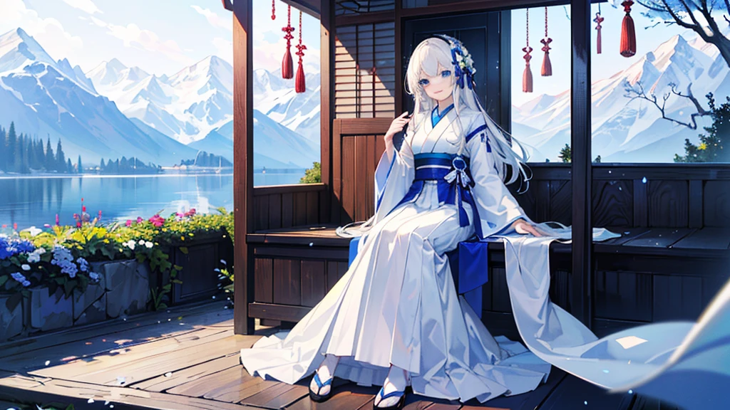 ((best quality，masterpiece，Extremely complex and exquisite details，There is only one sweet and beautiful girl with long white straight hair and blue eyes，Smile，long skirt))，(Exquisite light blue and white Japanese clothing，Beautiful bright and exquisite snow white ancient style high transparent architectural background)，(correct anatomy，exquisite face)，(touch flowers，Snow，Falling Flowers，Majestic and elegant outdoors)，((Long-distance full body picture of a single person，Sitting by the lake))，sweet atmosphere