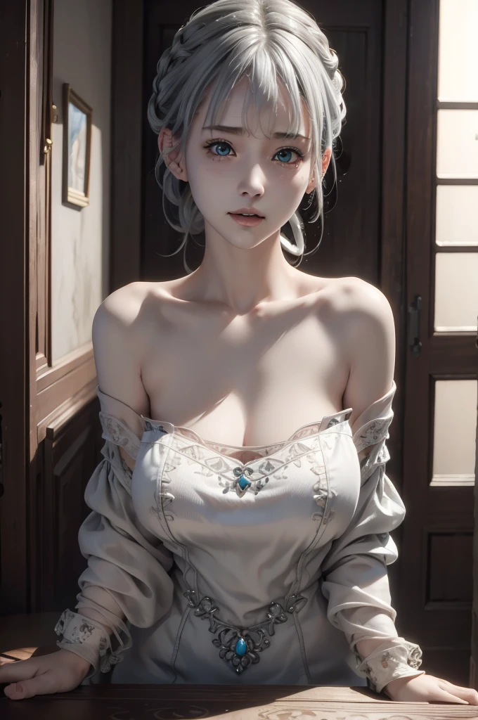 highest quality, masterpiece, ultra high resolution, (realistic: 1.4), , 1 girl, off shoulder, cinematic lighting, huge  nude , heterochromia, gray hair, gray hair