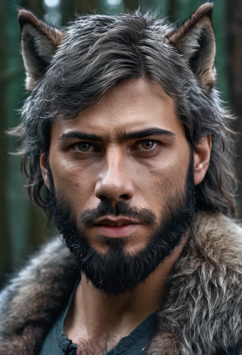 Realistic photograph of a male werewolf with alpha wolf features. Realistic fusion of faces of a bearded human being and an earless wolf.
Image with many details, realistic textures, 4k quality, high quality photography