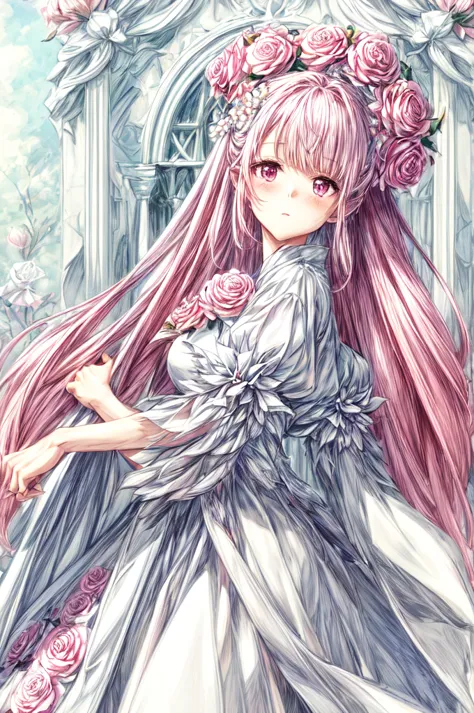 a woman , white   dress, standing, with pink flowers in her hair, standing sideways, half-length, close-up, 、ピンク、flower、rose、タロッ...