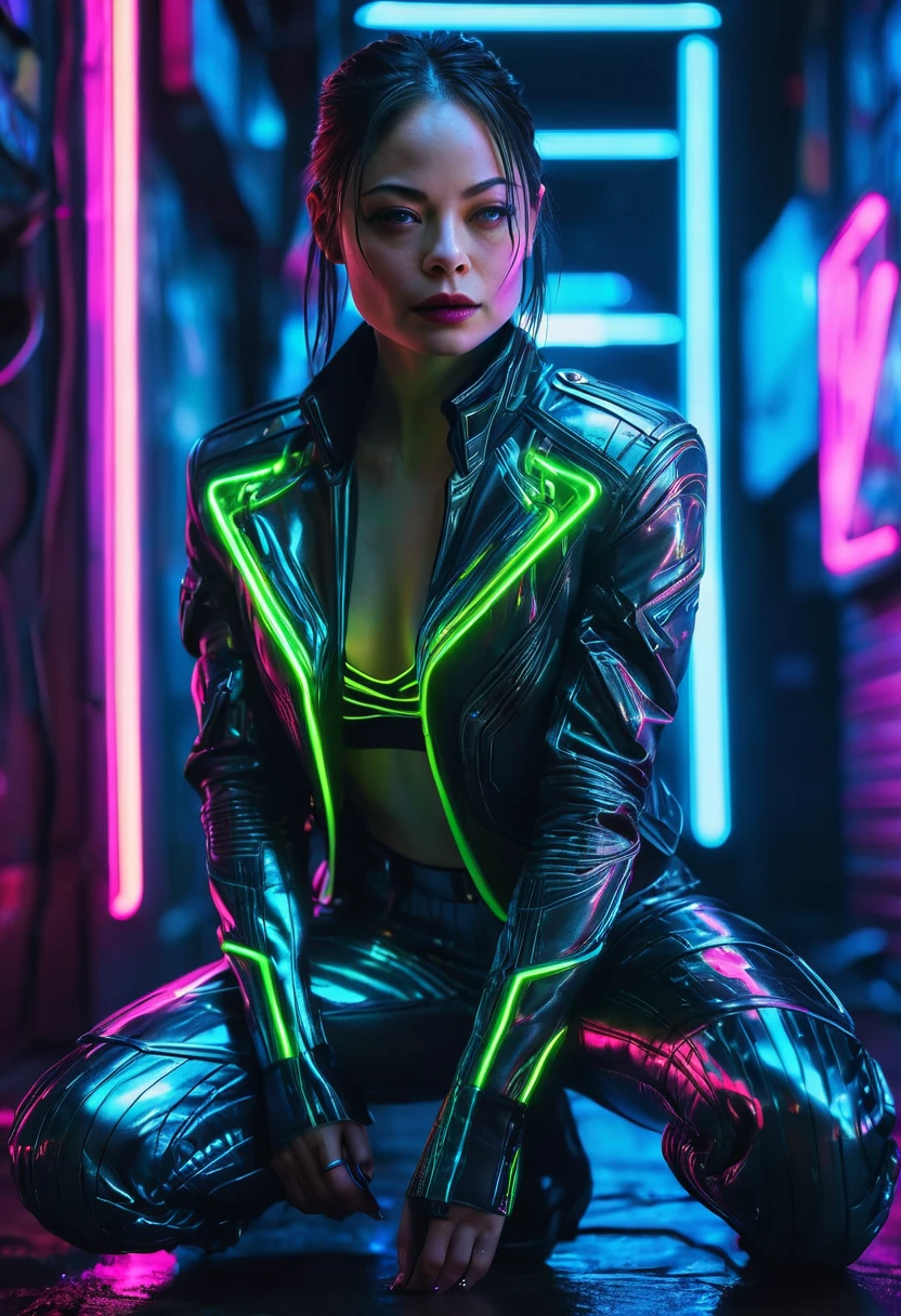 hyper sharp, hyper detailed, A closeup of Kristin Kreuk in a neon suit, cyberpunk atmosphere, cyberpunk with neon lights, Bright cyberpunk light, crouched,Cyberpunk vibes, Cyberpunk lighting, cyberpunk style, neon cyberpunk style, in cyberpunk style, look cyberpunk, cyberpunk dreamy girl, Cyberpunk&#39;s photo, neon cyberpunk, cyberpunk aesthetic, cyberpunk streetwear, cyberpunk aesthetic, Cyberpunk art style, Cyberpunk streetwear goalie,You know, perfect fingers,neon hair color, Detail texture, hair detail,Long neon black pants, beautiful face,wavy fur,Detailed neon black shoes.,