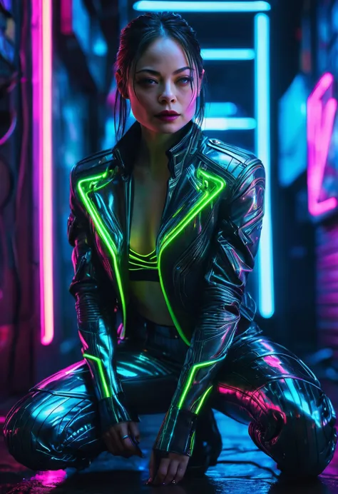 hyper sharp, hyper detailed, A closeup of Kristin Kreuk in a neon suit, cyberpunk atmosphere, cyberpunk with neon lights, Bright...