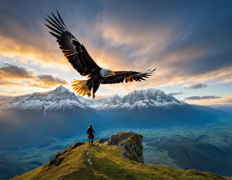 (une sublime archeress sur le dos d'un aigle), s'envole dans un ciel radieux, (un seul arc tendu à la main), long cheveux flotta...