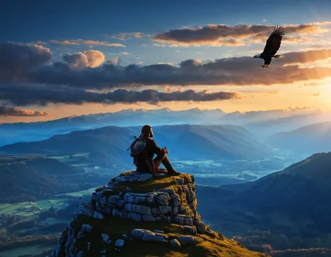 (Une sublime archeress assise sur le dos d'un immense aigle), s'envole dans un ciel radieux, (un seul arc tendu à la main), long...