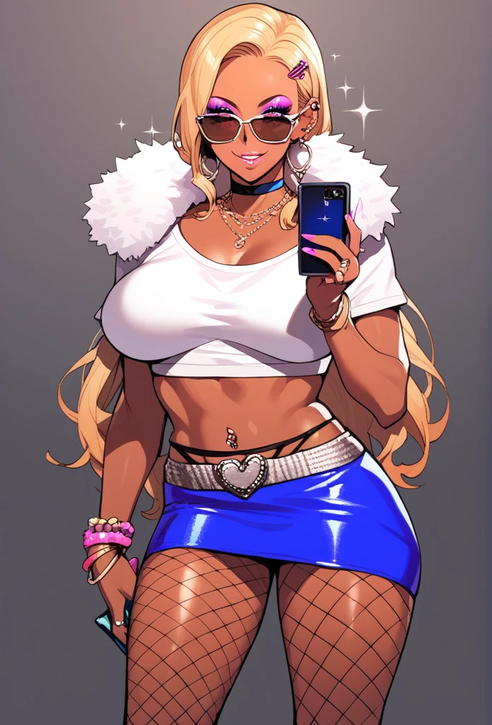 Score_9, score_8_up, score_7_up, score_6_up, source_anime, rating:general, 1girl, slutty_clothes, makeup, 1girl, solo, dark-skinned female, blonde hair, dark skin, phone, jewelry, sunglasses, earrings, long hair, crop top, handbag, very long hair, hair ornament, midriff, choker, makeup, bracelet, navel piercing, miniskirt, piercing, hairclip, necklace, ring, looking to the side, brown eyes, smile, sparkle, cowboy shot, cropped shirt, blue skirt, fur trim, alternate costume, short sleeves, forehead, white shirt, standing, gyaru, glasses, fishnets, ear piercing, tattoo, fur-trimmed skirt, eyeshadow, parted lips