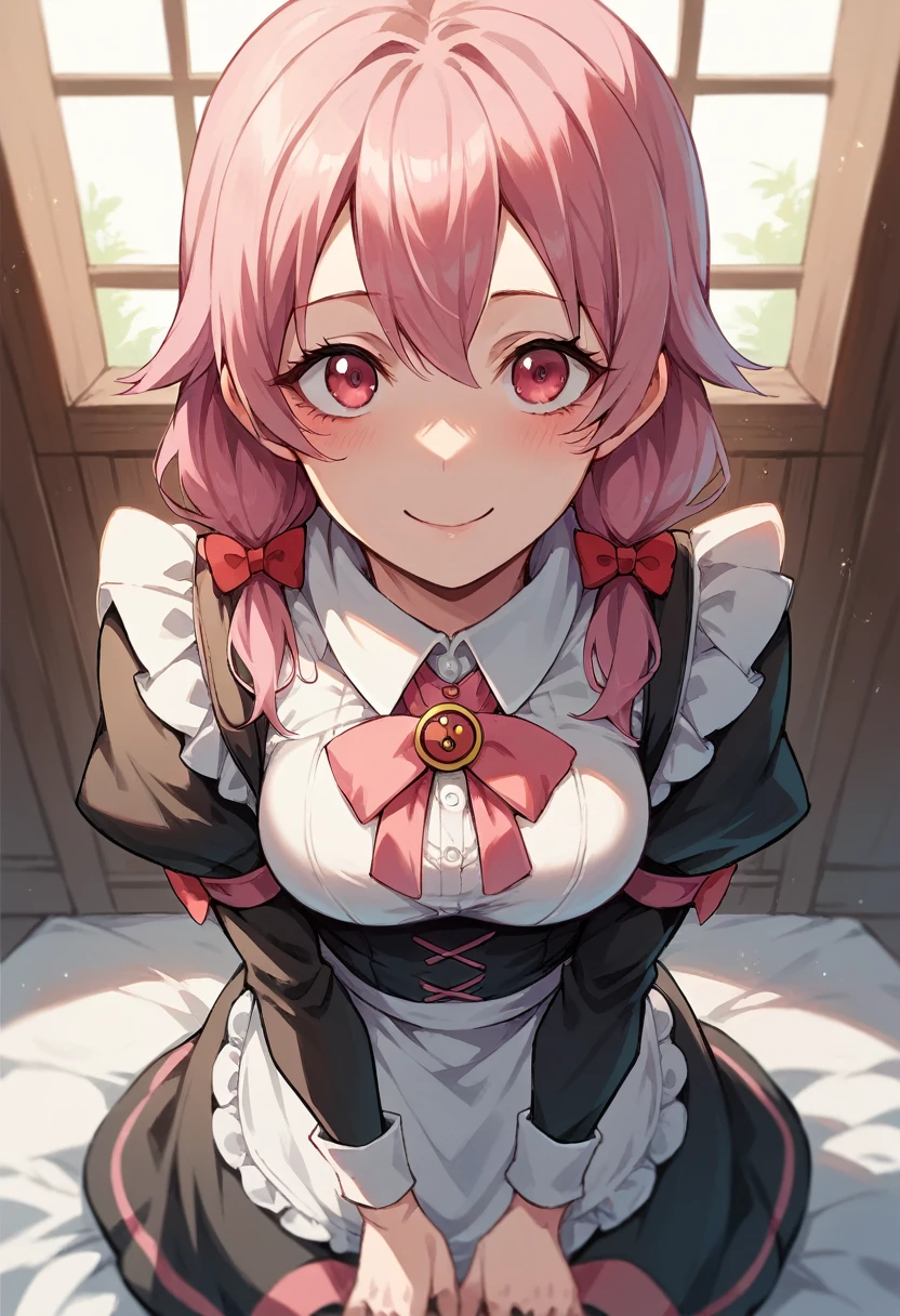 Yuno Gasai, 1 girl, alone, pink hair, long hair, dressed as a sexy and submissive maid, smile, blush, pink eyes, skirt, two stories, bun, pov, on her knees reliving her master