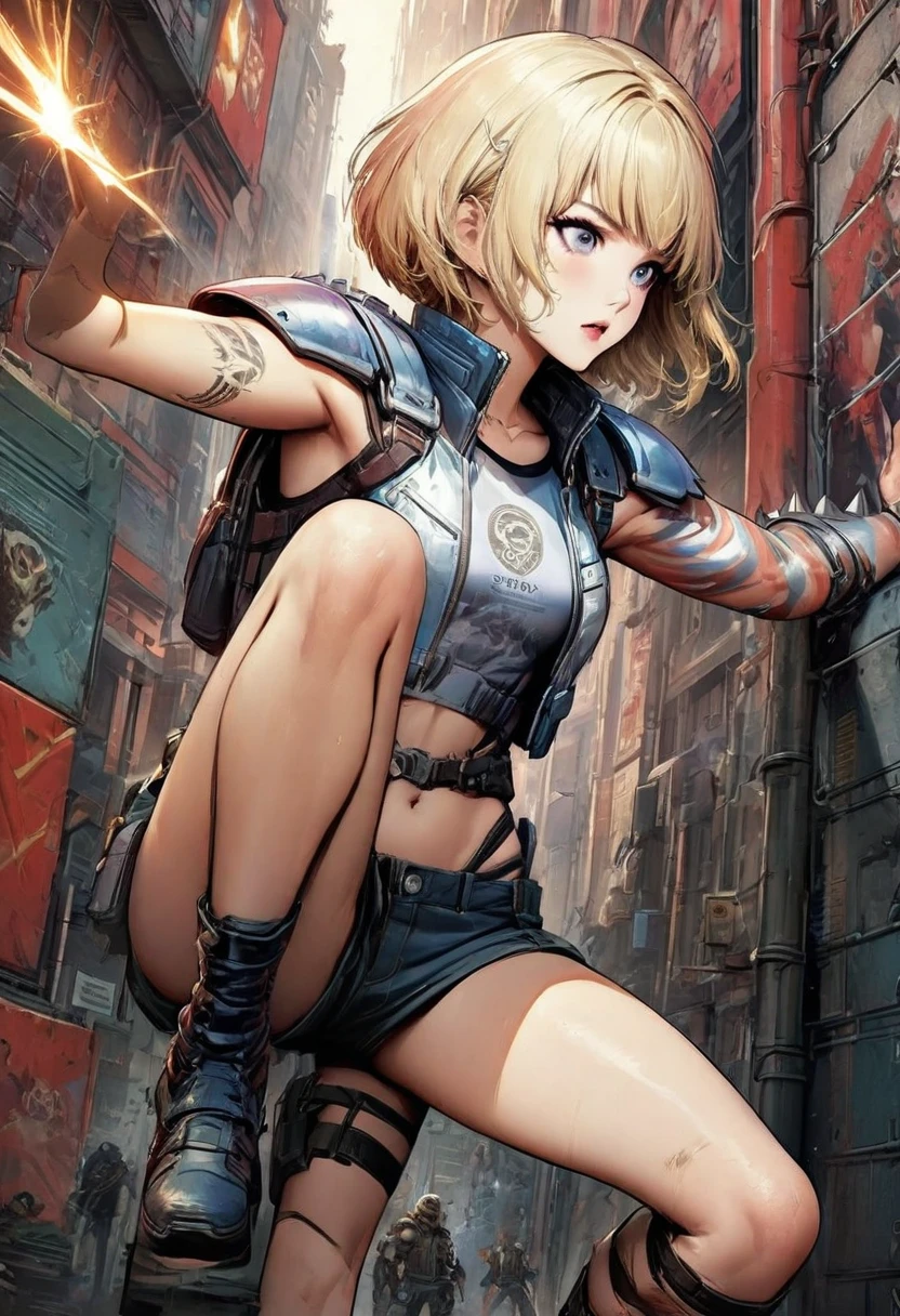 Ultra-realistic CG K ,((premium、8k、32k、Masterpiece、NFFSW:1.3)), (superfine illustration)、(super high resolution), (((adult body))), (((1 girl in))), ((( short hair bob ))), 25 year old cyberpunk gladiator with perfect body, Shoulder pads with metal spikes., Gladiadores in Brooklyn, (( short hair bob )), Torn rugby team t-shirt, Almost naked in the wild urban style of Simon Bisley, short blonde hair, minimal clothing, Metallic protection on the left arm with complex graphics..., Dark red with white stars and blue and white stripes.,(( dynamic action pose:1.5)), armor, Full of spikes and rivets., poison tattoo (((Image from the knee up))), short white blonde hair, In the background、 There is a wall with an intricate design painted by Shepard Fairey...