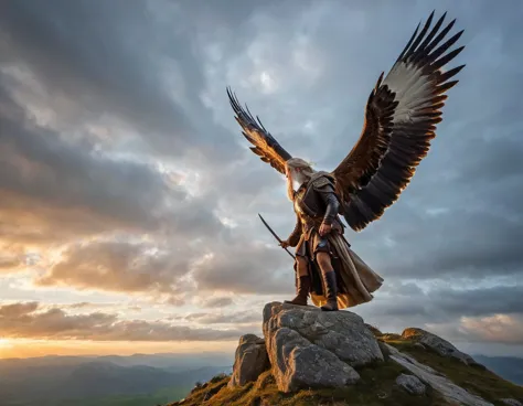 (Une sublime archeress debout sur le dos d'un aigle), s'envole dans un ciel radieux, (un seul arc tendu à la main), long cheveux...