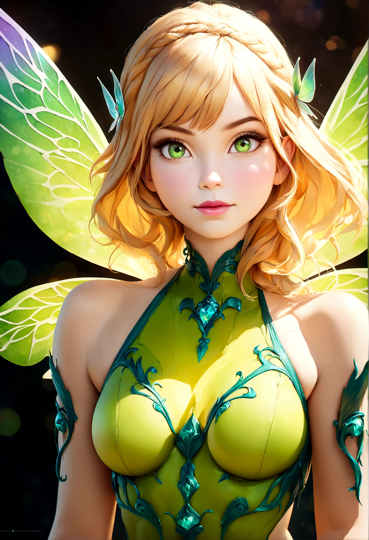 ull body shot of (a stunning fairy) with {blonde} hair and with cute face, beautiful innocent green eyes, delicate transparent colorfull wings, (fairy forest bokeh), perfect composition, hyperrealistic, super detailed, 8k, high quality, trending art, trending on artstation, sharp focus, studio photo, intricate details, highly detailed, by greg rutkowski