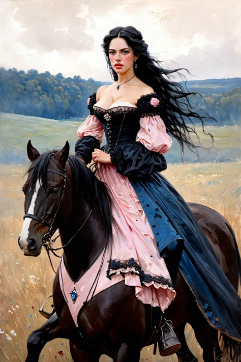 victorian hungarian women women of the 19th century, very elegant dress, riding a horse in a meadow, gorgeous and long black hai...