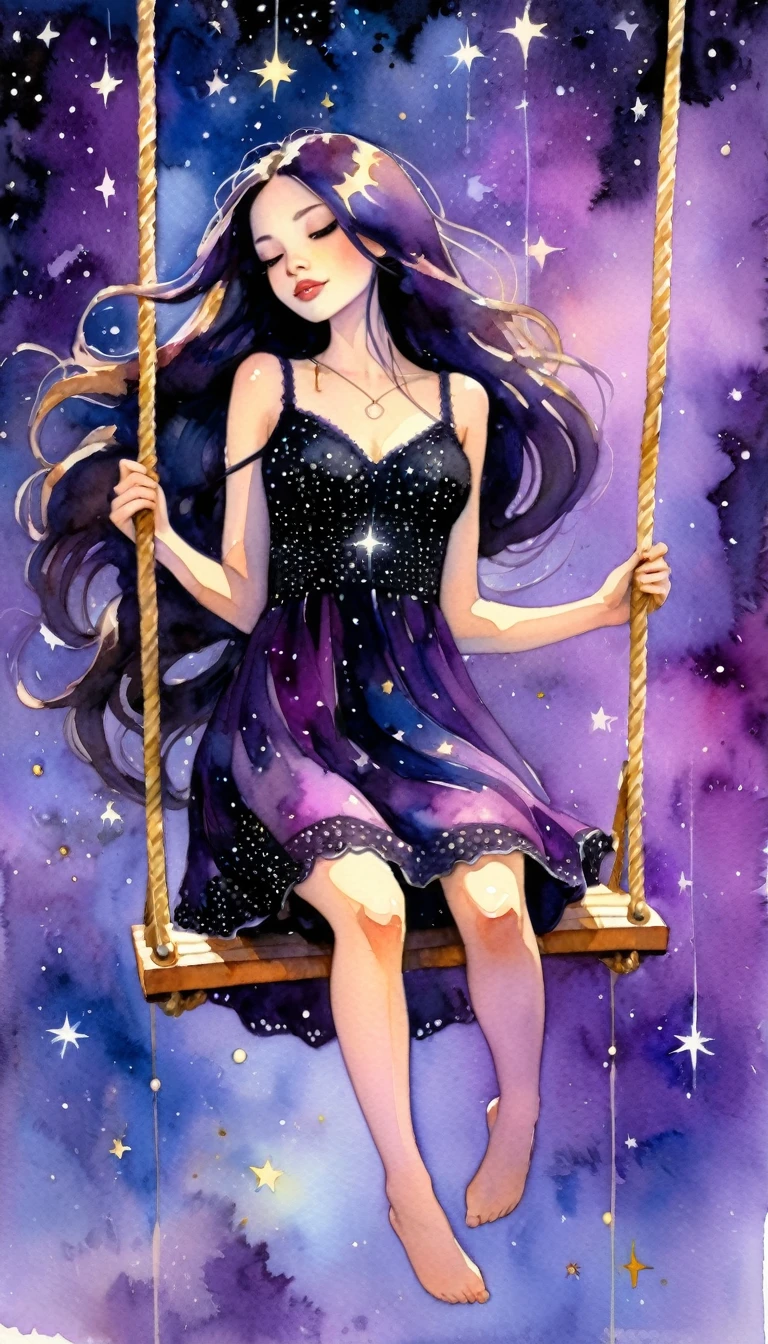 a cartoon of a very sexy long haired girl in a black crochet dress riding a 摇摆 in the air, 1 名女孩, 独自的, 紫色连衣裙, 摇摆, 星光, 星星, 水彩, 油画, 异想天开, 幻想 ,  受比尔·显克维奇启发的艺术
